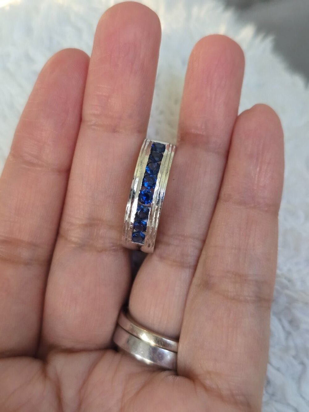 Mens Heavy .925 Sterling & rhodium Sapphire band ring ~10.5